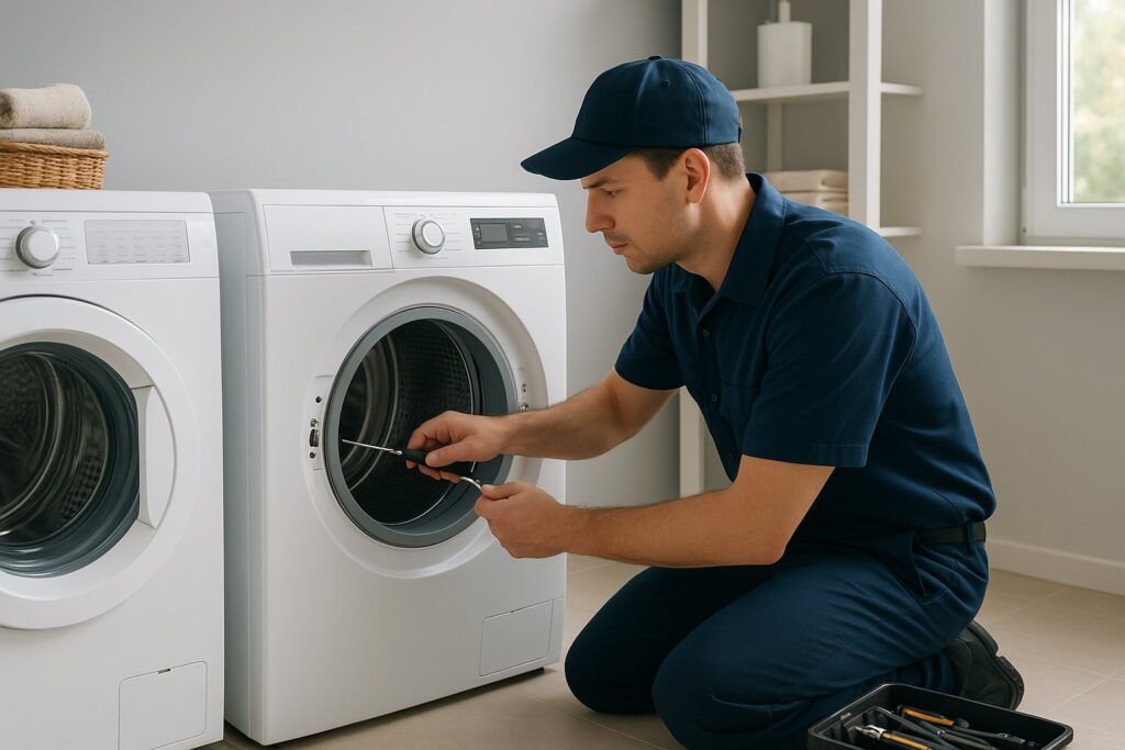 Minh họa kỹ thuật viên kiểm tra máy giặt cửa trước tại nhà